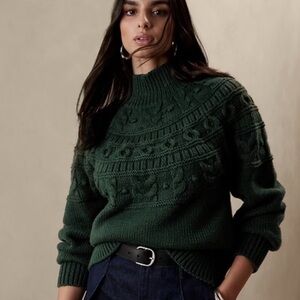 Banana Republic Wool Blend Couronne Sweater Cable Knit Funnel Neck in Green L